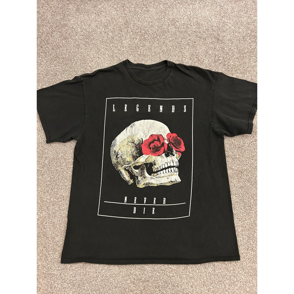 Vintage Skull Rose Graphic Tee Mens XL Black Excellent Legends Never Die Shirt